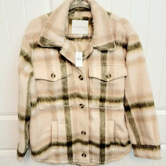 American Eagle Size Small Brushed Plaid Oversized Shacket Jacket Cream NWT $90 - Picture 4 of 16
